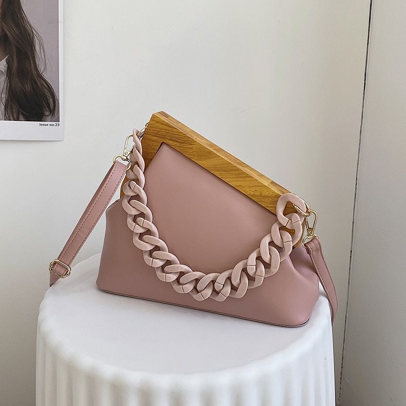 Handbag Thick Chain Triangle Design Leather Crossbody Bag Wooden Handle Purses