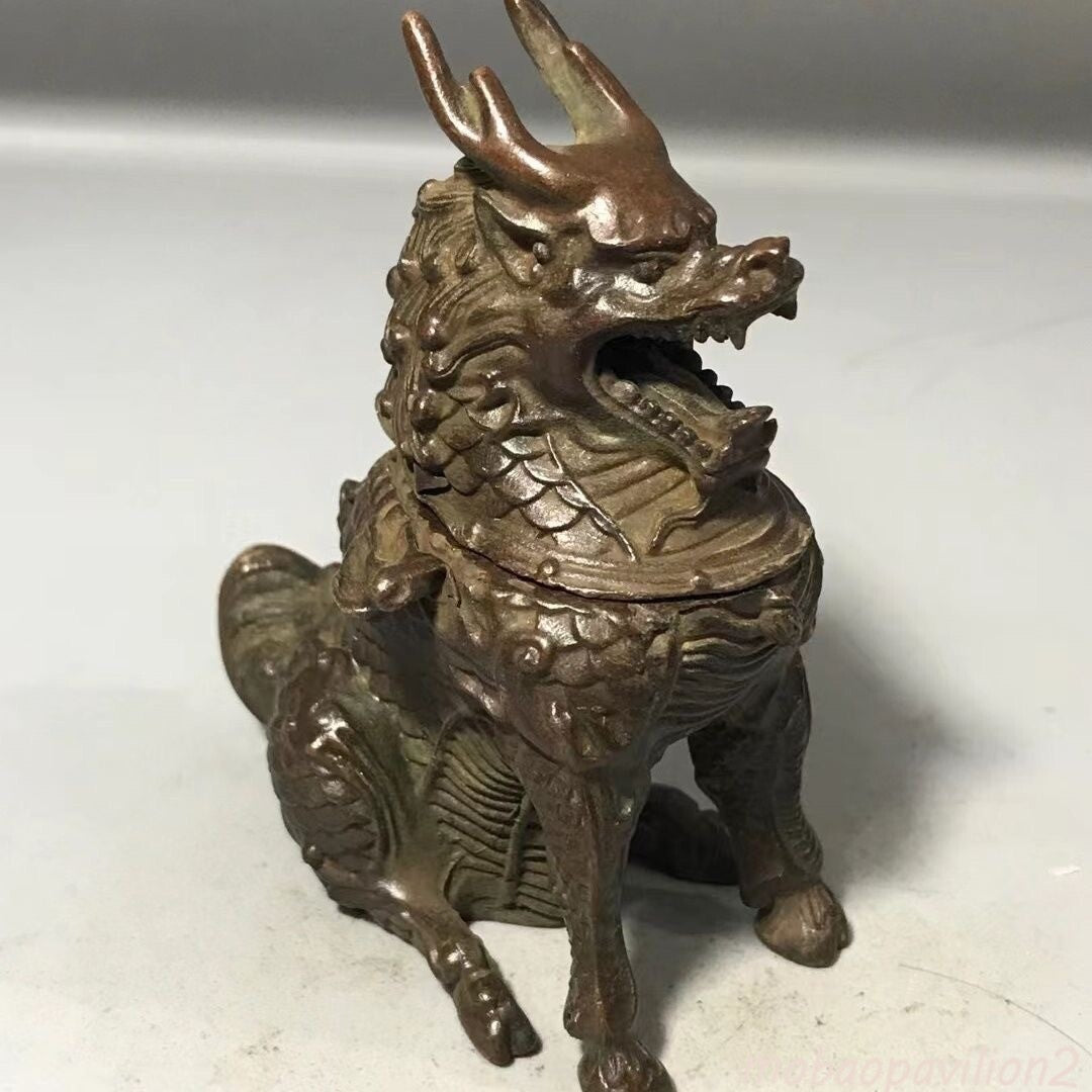 Chinese Old Bronze Hand Cast Kirin Art Statue Collectable Incense Burner Decor