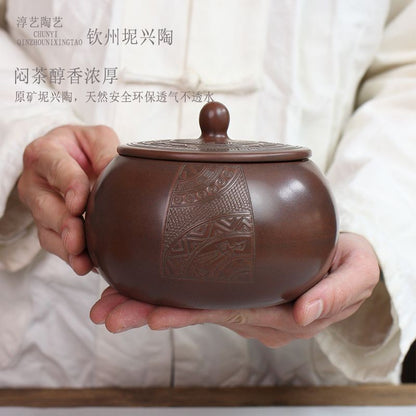 Guangxi Nixing Pottery Tea Caddy 14cm 200g Hand Carved Ceramic Storage Jar