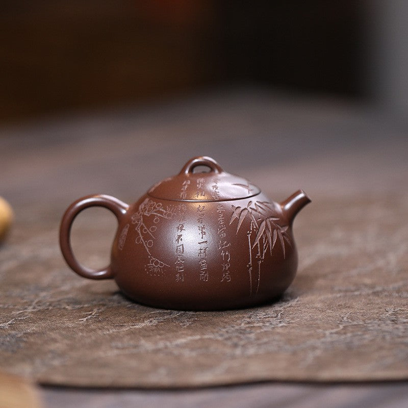 Handmade Tea Pot Hand Carved Real Yixing Zisha Qinquan Pot Chinese Kungfu Teapot