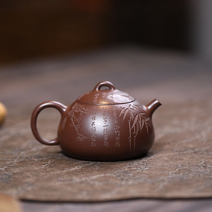 Handmade Tea Pot Hand Carved Real Yixing Zisha Qinquan Pot Chinese Kungfu Teapot