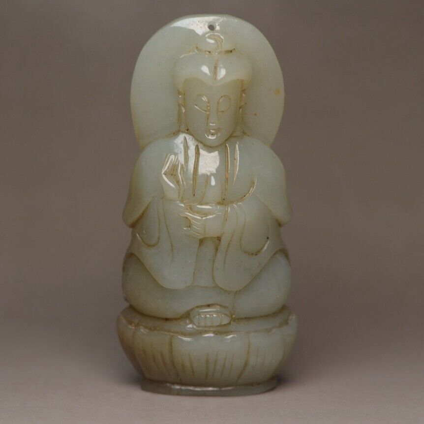 Chinese Antique Natural Hotan Jade Carving Guanyin Statue Pendant Jewelry Gift