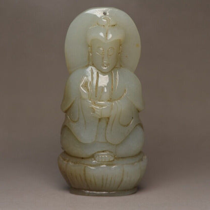 Chinese Antique Natural Hotan Jade Carving Guanyin Statue Pendant Jewelry Gift