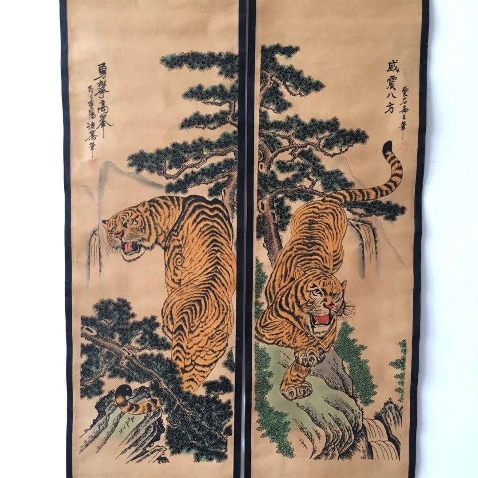 Vintage Chinese Tiger Roaring 4 Scroll Paintings 123cm Wall Art Set