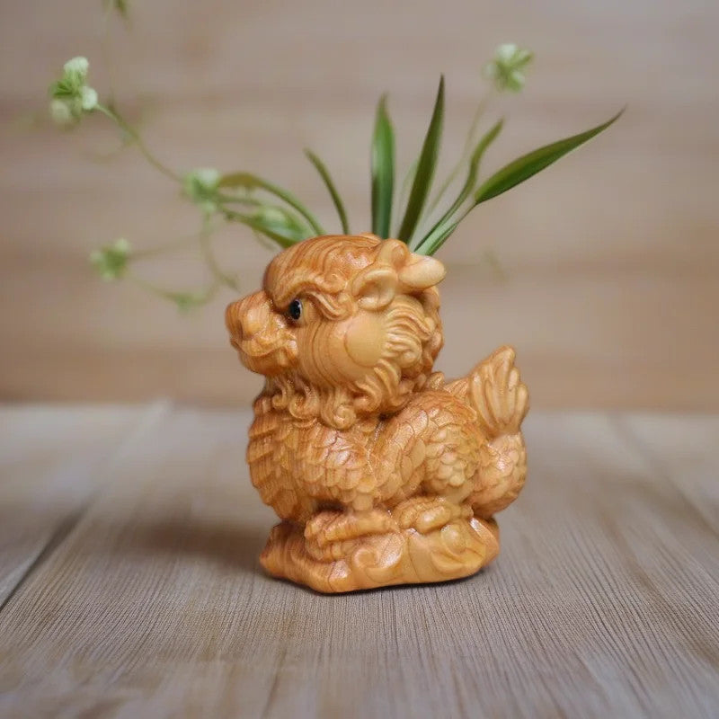 5.5cm Cliff Cypress Wood Kirin Mascot Statues Tea Pet Chinese Home Decoration