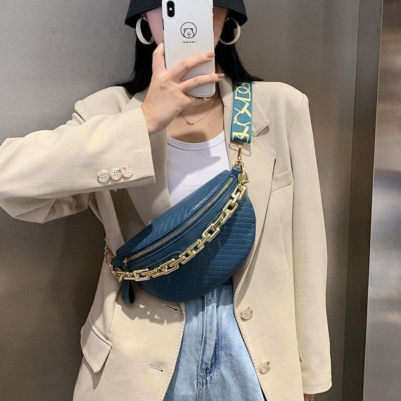 Thick Chain Fanny Pack Plaid Leather Waist Bag Shoulder Crossbody Handbags Belt