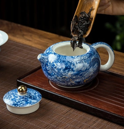 Handmade Tea Set Ceramic Tea Pot Matching Cup Dragon Print Color Enamel Craft