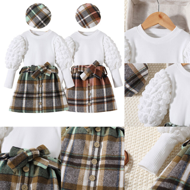 Toddler Baby Girls Winter Clothes Knitted Tops+Dress Beret Hat Outfits Set Gift