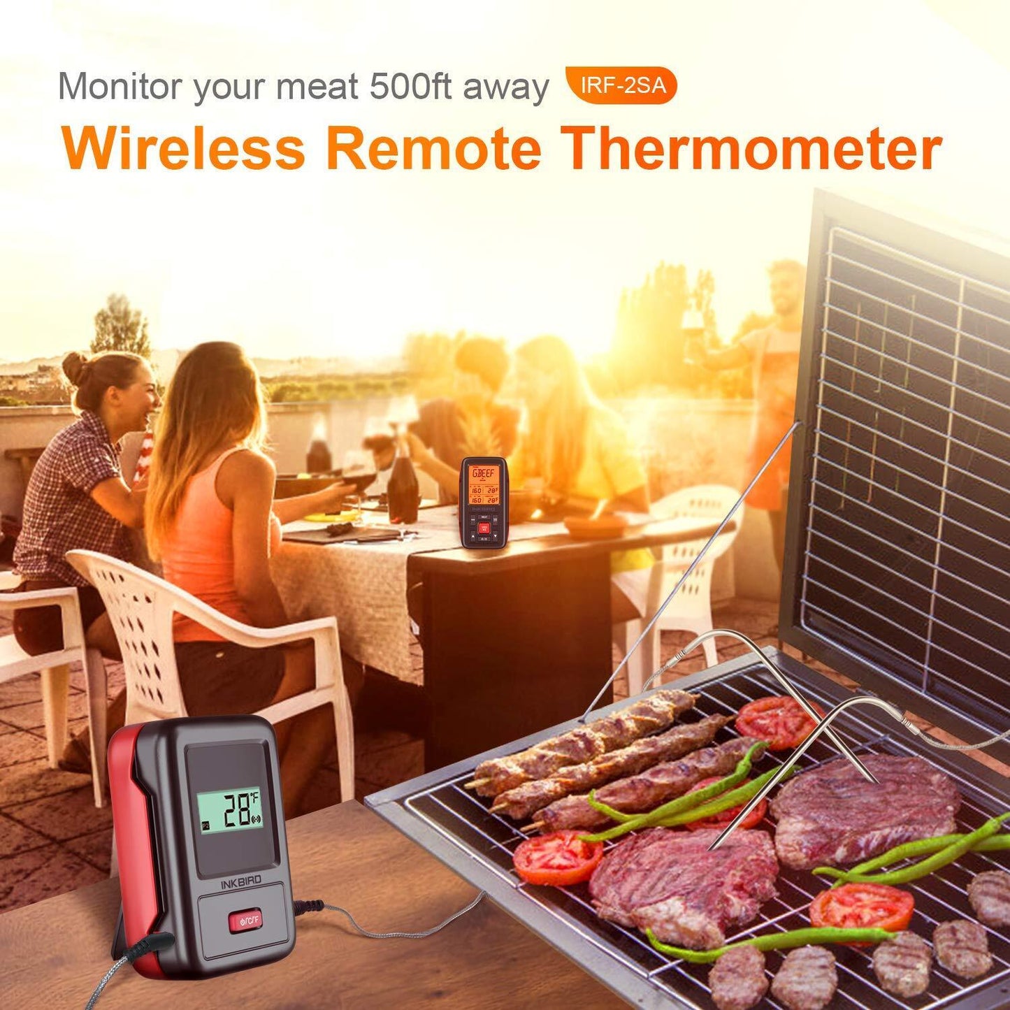 INKBIRD:Wireless Meat Thermometer w/Alarm, Timer & Backlight, 500ft Dual Probes