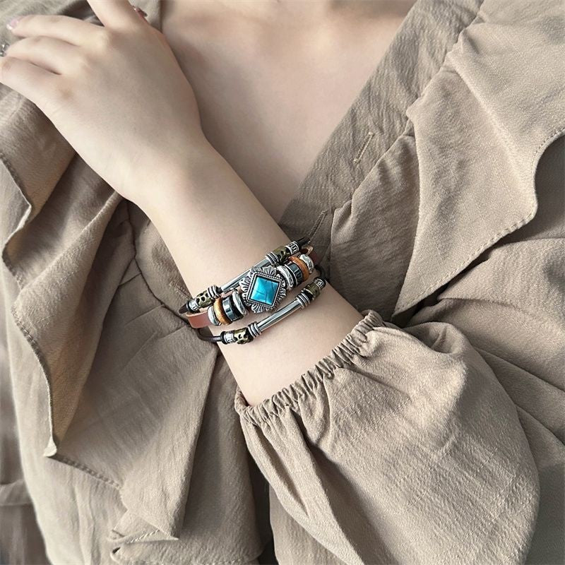 Vintage Ethnic Leather Bracelet Faux Turquoise Alloy Multi-layer Jewelry