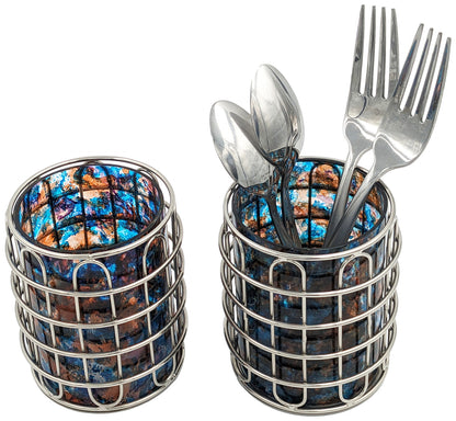Set of 2 Stainless Steel (Silver Color) & Blue/Orange Glass Silverware Holders
