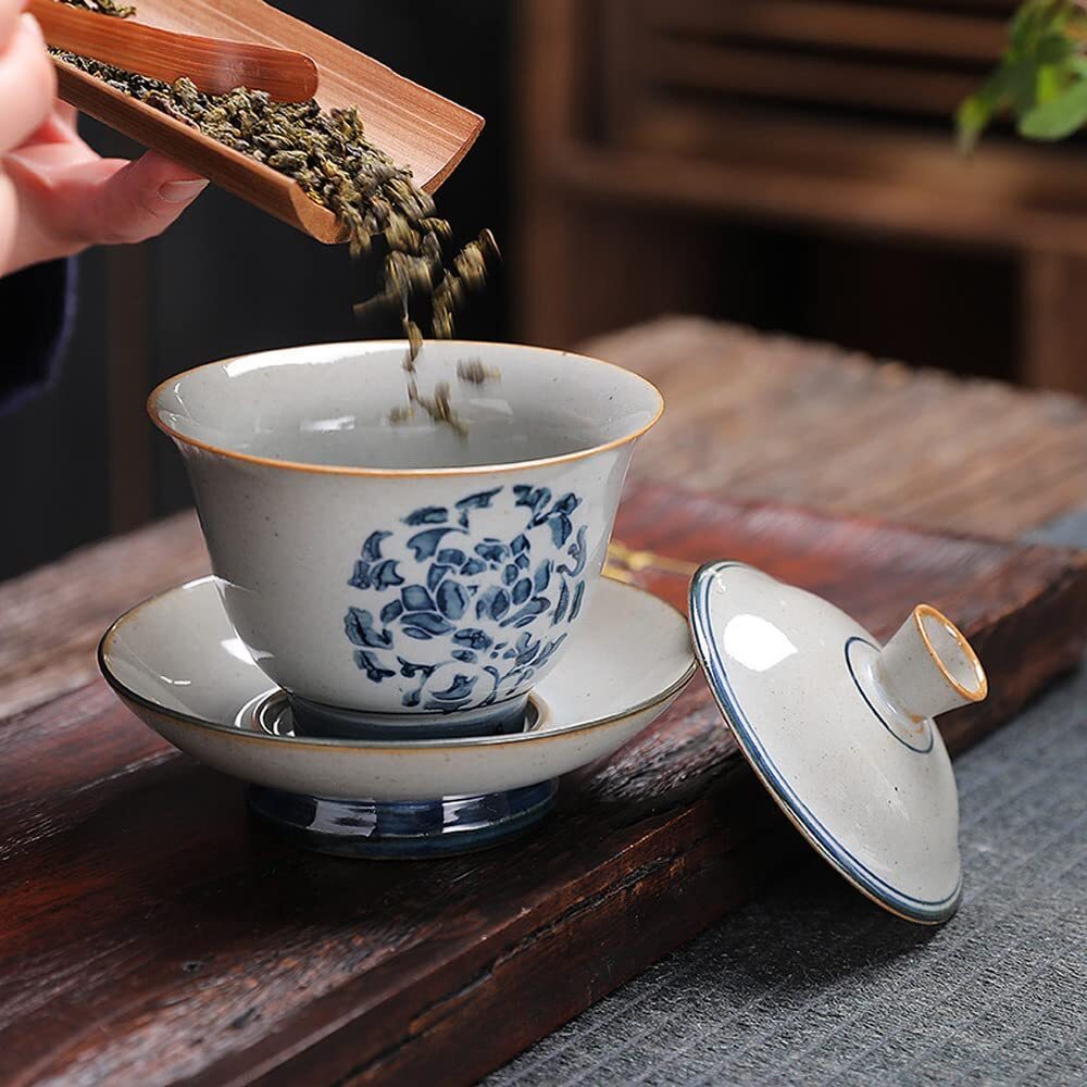 170ml Retro Dehua Hand Painted Gaiwan Blue Porcelain Tea Bowl Tea Set Tureen