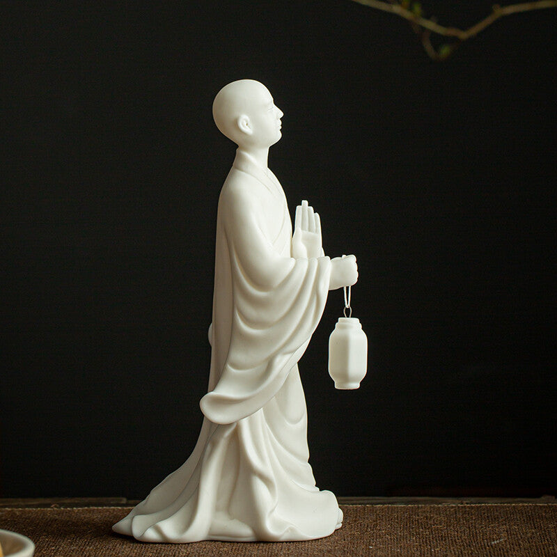 New White Porcelain Statue Monk Lantern Buddhism Zen Office Study Table Decor