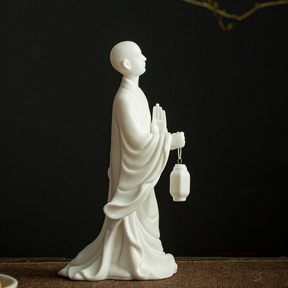 New White Porcelain Statue Monk Lantern Buddhism Zen Office Study Table Decor