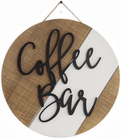 Wooden Coffee Bar Decor Round Rustic Farmhouse Wall Sign Decoration Gift (Brown)