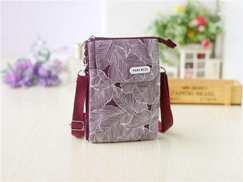 Canvas Leaves Print Women Handbag Small Shoulder Crossbody Phone Bag Money Pouch
