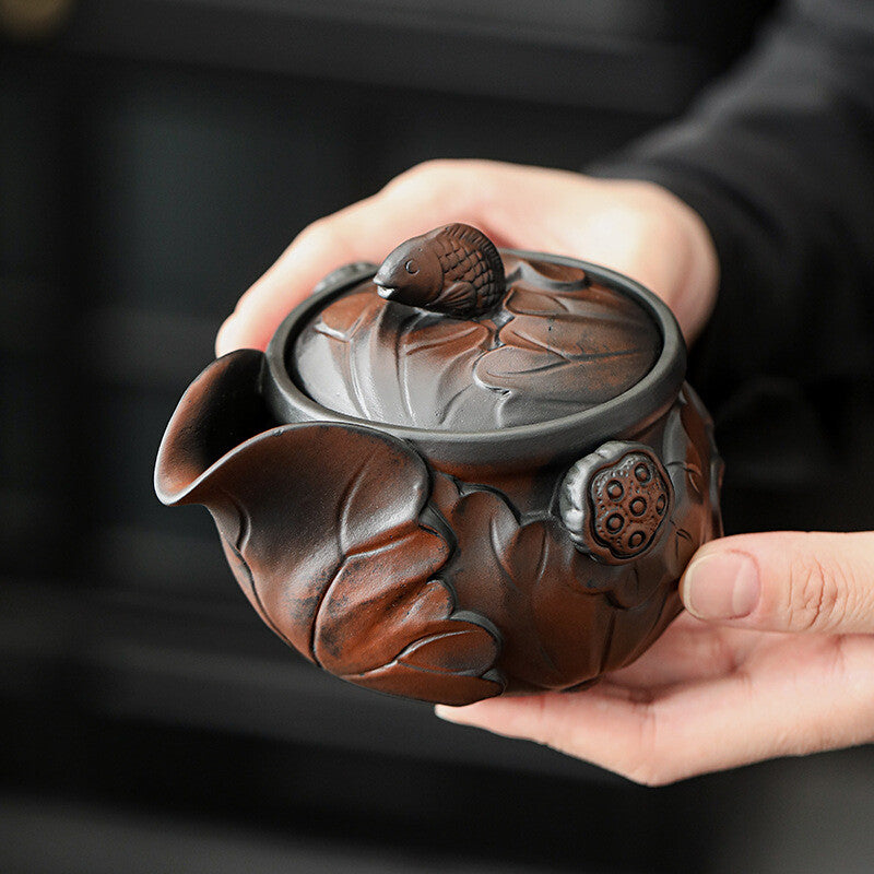 Portable Tea Set Chinese Purple Pottery Tea Pot Matching Cup Portable Bag Lotus