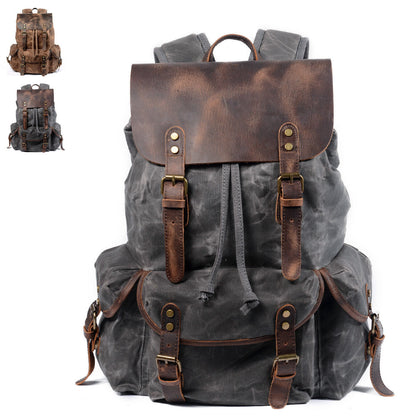 Water Resistant Wax Canvas Real Leather Flap Drawstring Backpack Day bag Travel