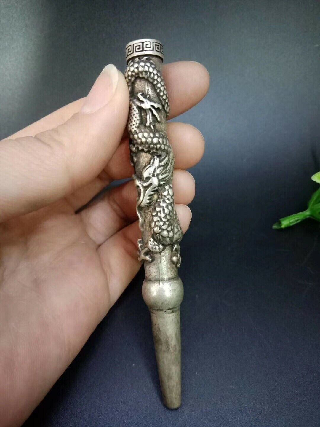 Old Chinese Tibet Silver hand-Carved Dragon cigarette holder Smoking tools