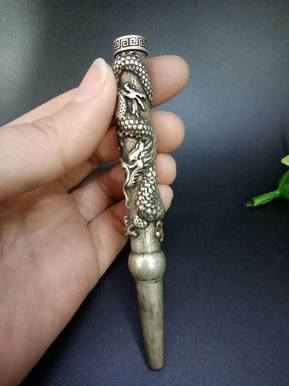 Old Chinese Tibet Silver hand-Carved Dragon cigarette holder Smoking tools