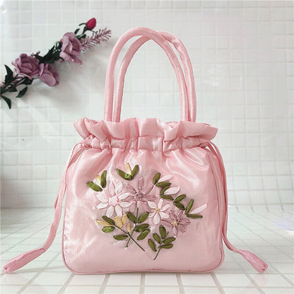 Women Ethnic Embroidered Floral Satin Handbag Girls Drawstring Tote Hanfu Bag
