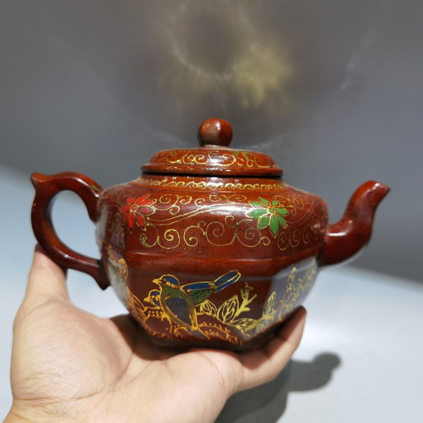 vintage chinese yixing purple clay teapot zisha ceremony painted flower bird art
