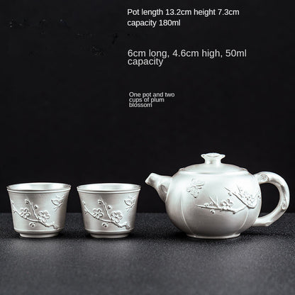 Silver Tea Set One Pot Two Cups Ceramic Kung Fu Teapot Silver Lid Bowl