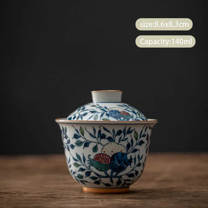 Chinese Blue and White Ceramic Gaiwan Pot Bearing Handmade Tea Bowl Teacup