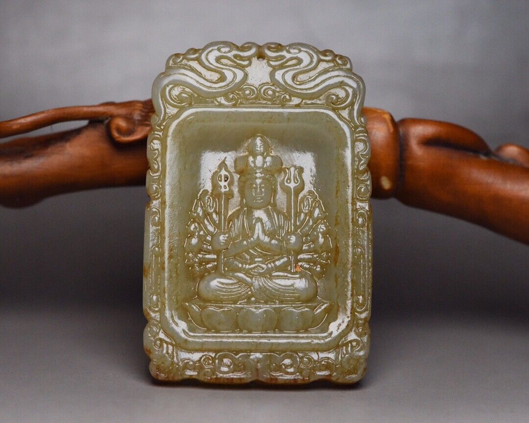 Chinese Antique Natural Hetian Jade Carving Kwan Yin Statue Lucky Jade Pendant