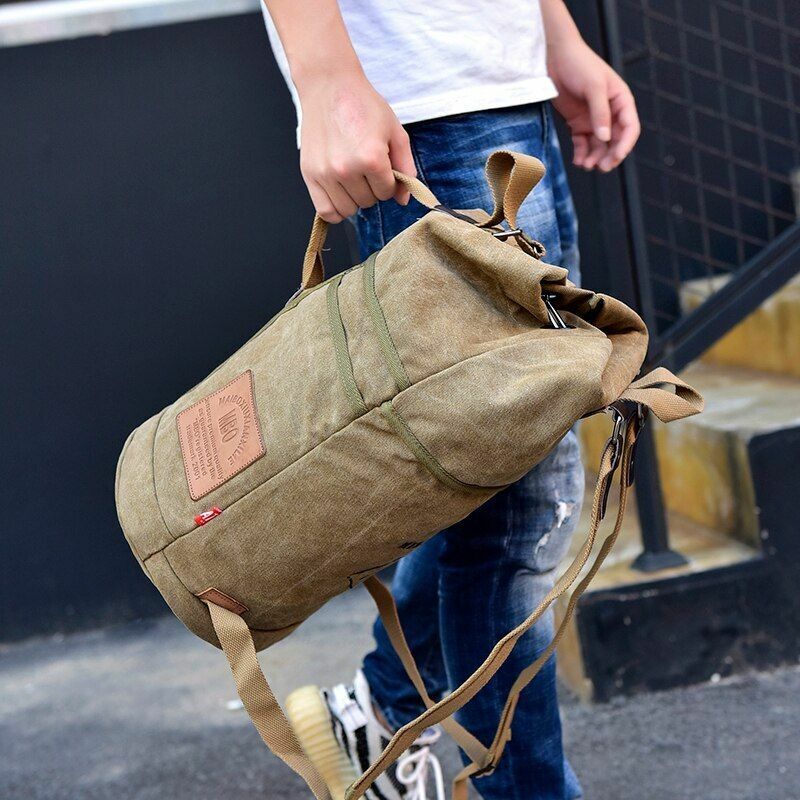 Tactical Bucket Canvas Backpack Letter Bag Outdoor Travel Climbing Round Pack L