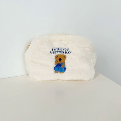 Embroidery Bear Plush Cosmetic Bag Makeup Organizer Toiletries Storage Pouch 1PC