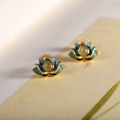 Real 925 Sterling Silver Stud Women Natural Jade Enamel Lotus Flower Earrings