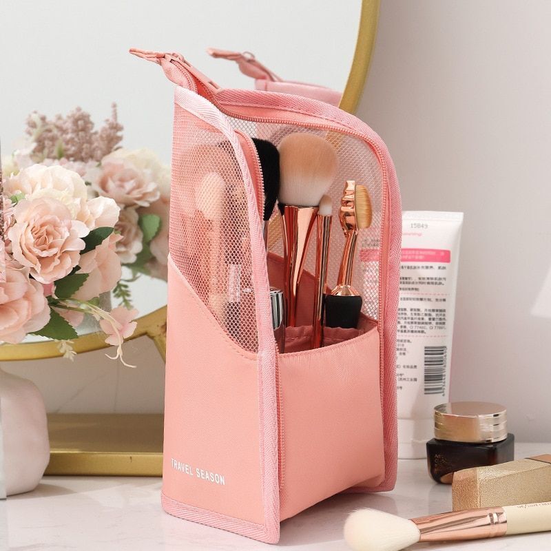 Stand Cosmetic Bag Clear Makeup Travel Brush Holder Organizer Toiletry Pink Bags