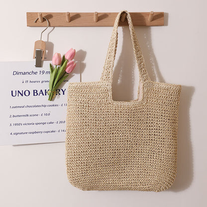 Versatile Large Straw Bag Hand-Crocheted Woven Portable One-Shoulder Beach Bag