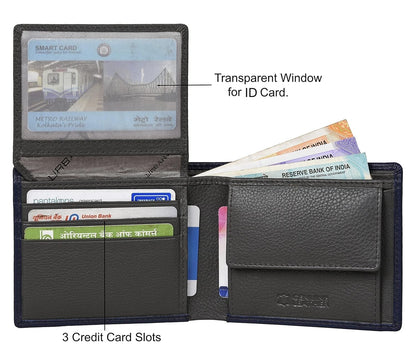 NEW BUE/GREY BI-FOLD LEATHER MEN'S WALLET RFID PROTECTION GIFT ITEM