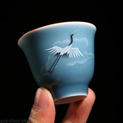 Chinese Tea Cup Crane Print Under Glaze Porcelain Kungfu Cup Of Tea Coaster New