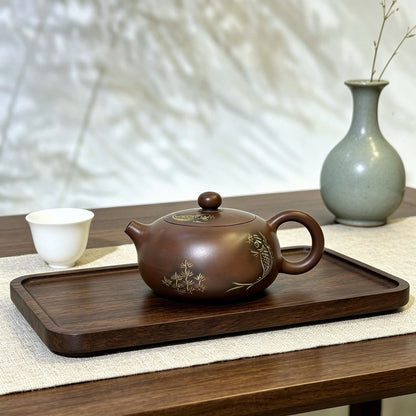 Nixing Clay Hand Carved Fish Teapot 220ml Flat Xishi Style Chinese Tea Brewer