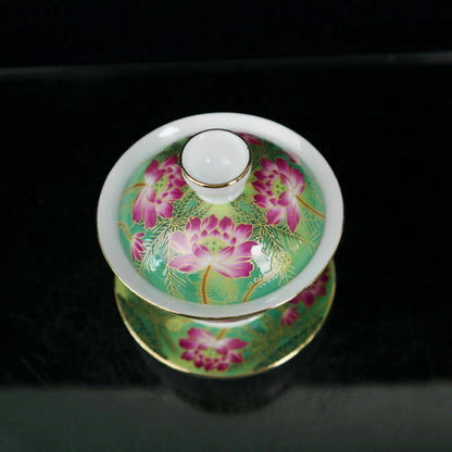 Chinese Jingdezhen Painted Pastel Lotus Flower Pattern Covered Bowl Tea Cup
