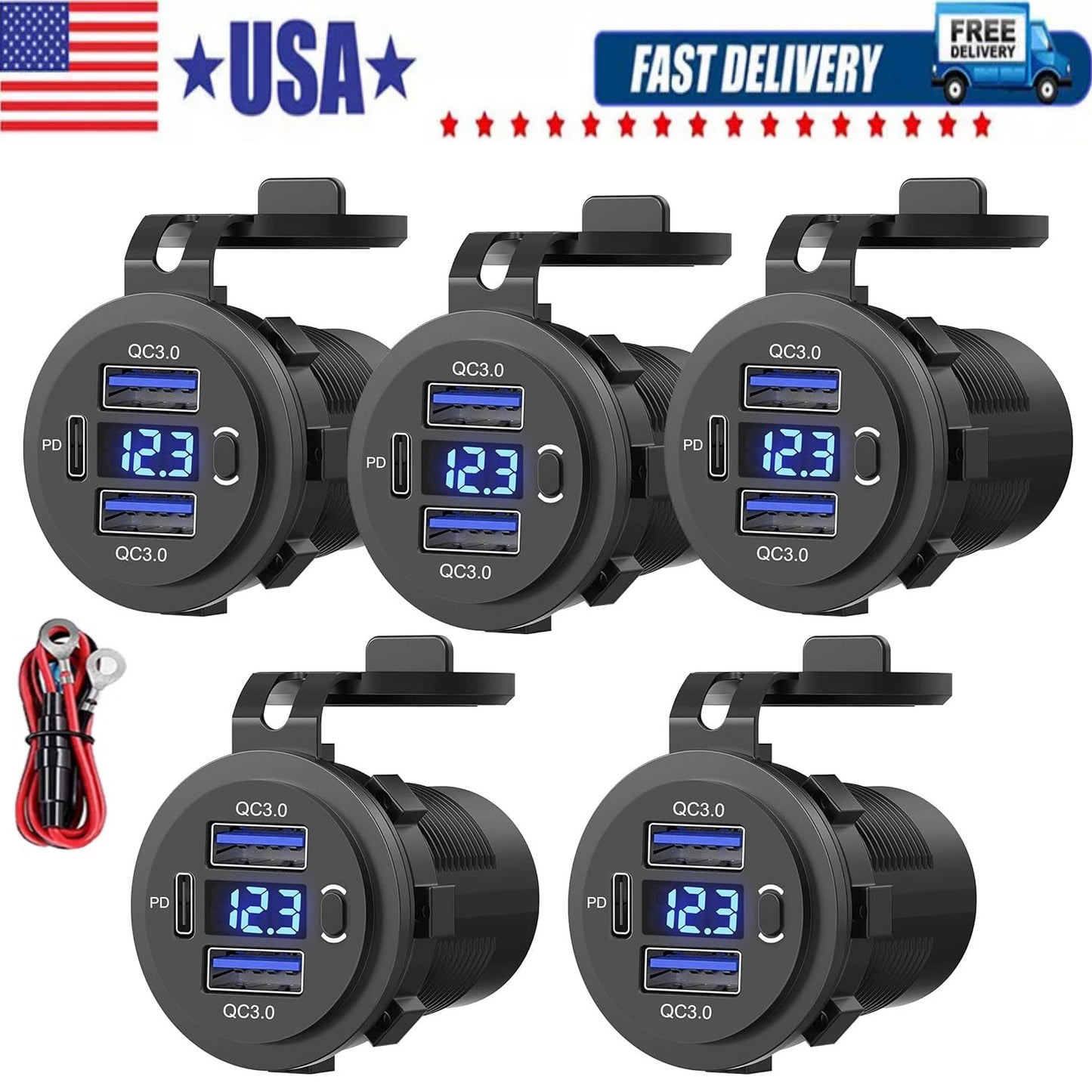 12V-24V PD+QC3.0 Dual USB Car Fast Charger Power Socket Outlet LED Voltmeter lot
