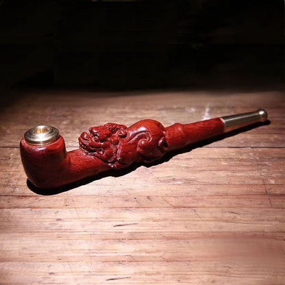 Lobular Red Sandalwood Pixiu Pipe Carved Filterable Brass Mouthpiece 2-in-1