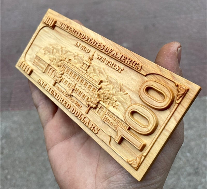 Cypress Wood Carved 100 Dollar Bill Statue Collection Decor