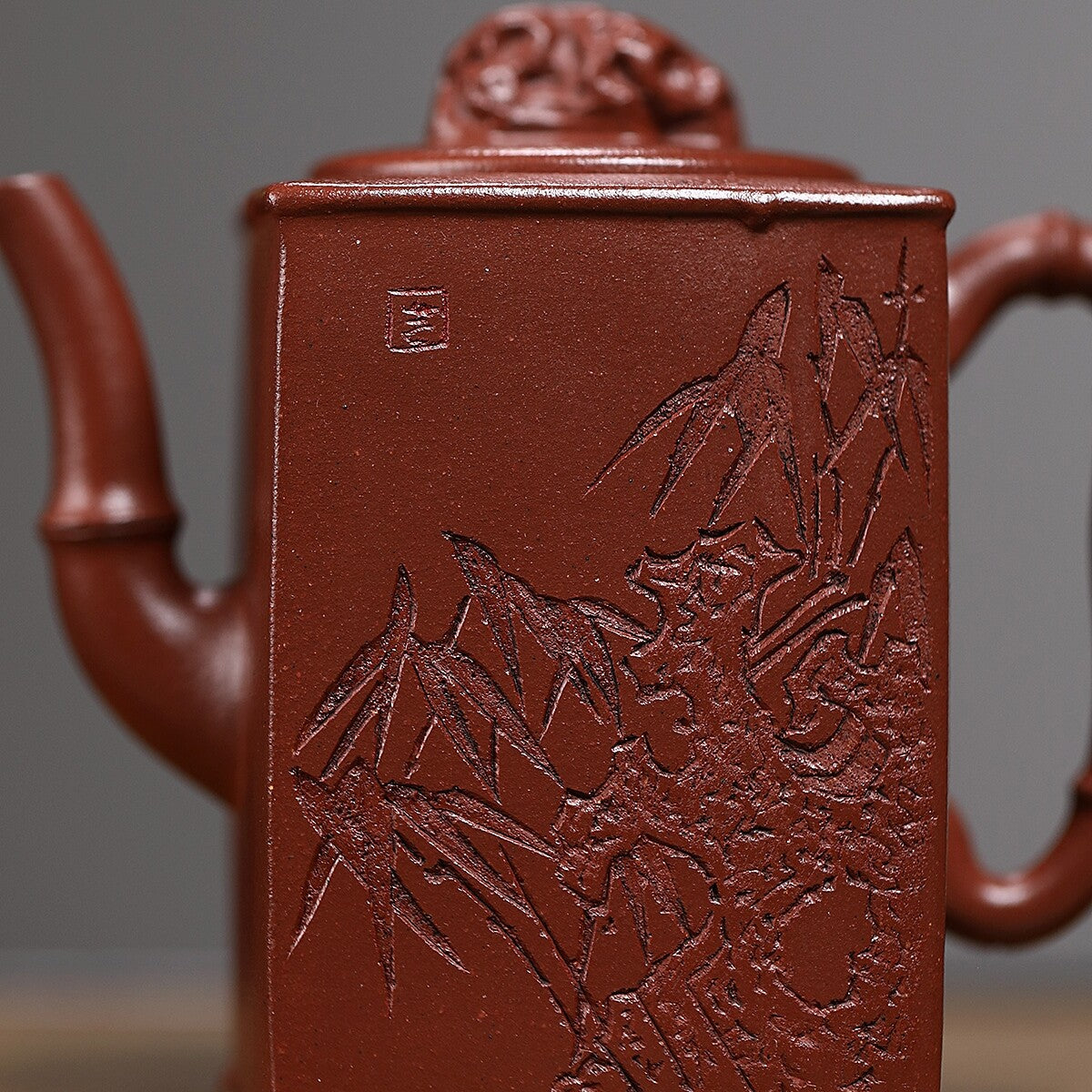 Handmade Carved Bamboo Chinese Characters Real Yixing Zisha Purple Grit Tea Pot