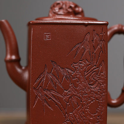 Handmade Carved Bamboo Chinese Characters Real Yixing Zisha Purple Grit Tea Pot