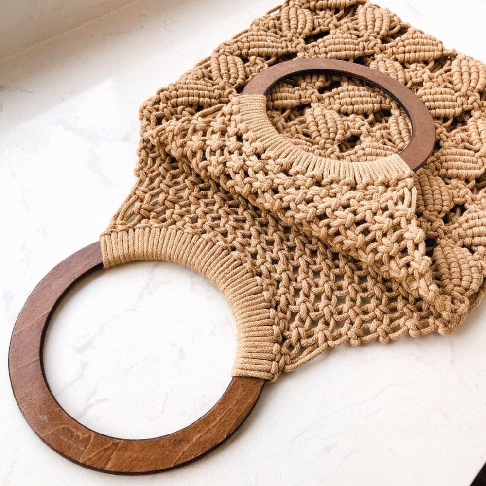 Woven Bag Hollow Beach Purse Wooden Handle Ring Straw Handbag Tote Flap Cotton