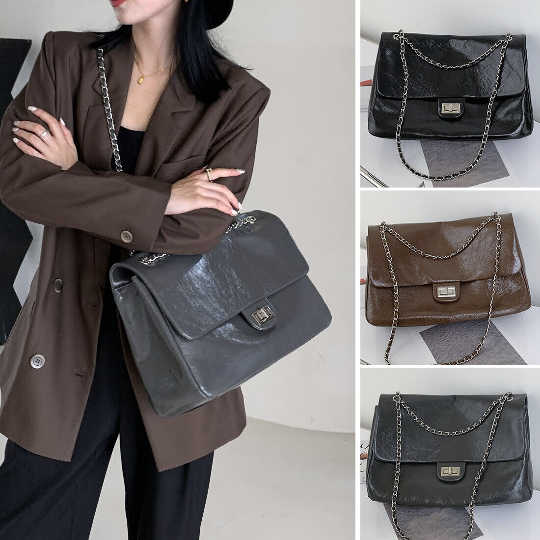 Shiny Real Leather Small Flap Shoulder Bag Purse Double Chains Crossbody Handbag