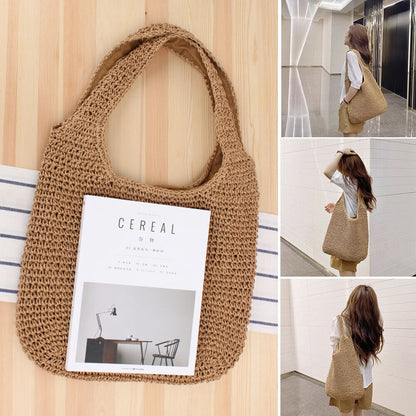 Women Woven Straw Shoulder Bag Large Summer Beach Bag Handbag Tote with Zipper#