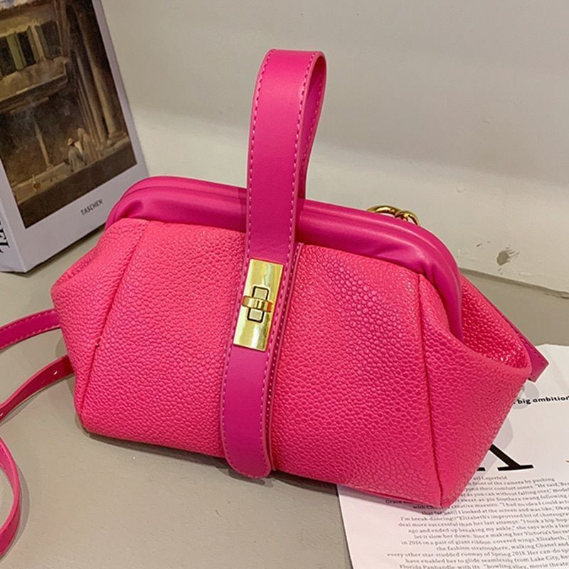 Synthetic Leather Small Shoulder Clip Bag Silver Shell Gold Pink Blue 20*15*10CM