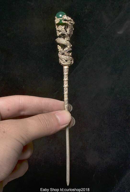 6.6" Old China Silver Inlay Green Gem Dynasty Dragon Bead Hairpin Hair Stick