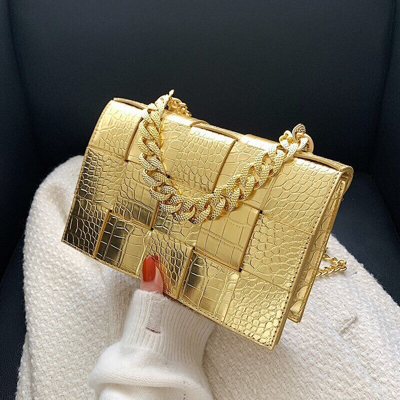 Pattern Pu Leather Bag Women Gold Chain Woven Square Bag Evening Party Clutch