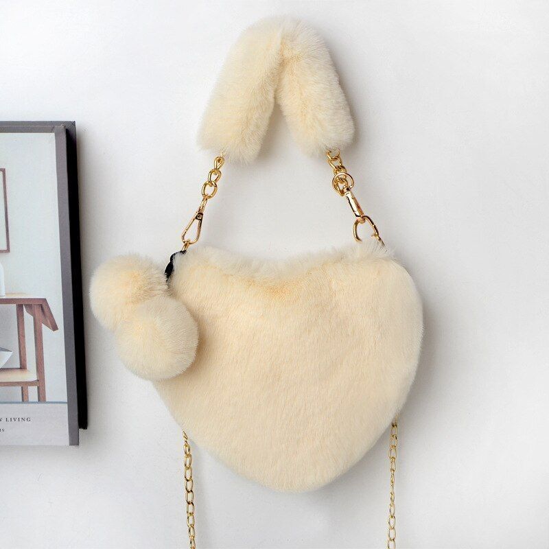Faux Fur Winter Handbag Heart Shape Shoulder Bag Clutch Purse Chain Velvet Pouch